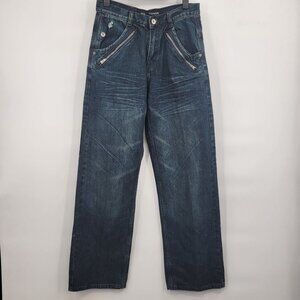 Rocawear Y2K Loose Fit Baggy Denim Jeans Hip-Hop Front Zip Embroidered 28 Womens